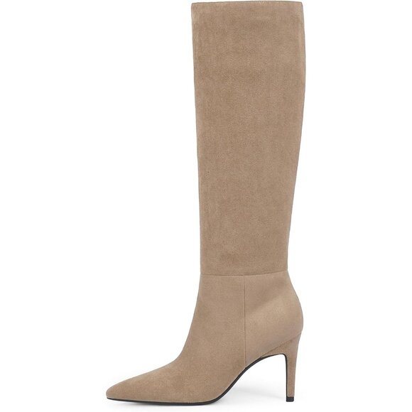 Women Tan Faux Leather Pointed Toe Tall Stiletto High Heel Zipper Dress Boots - Picture 2 of 7